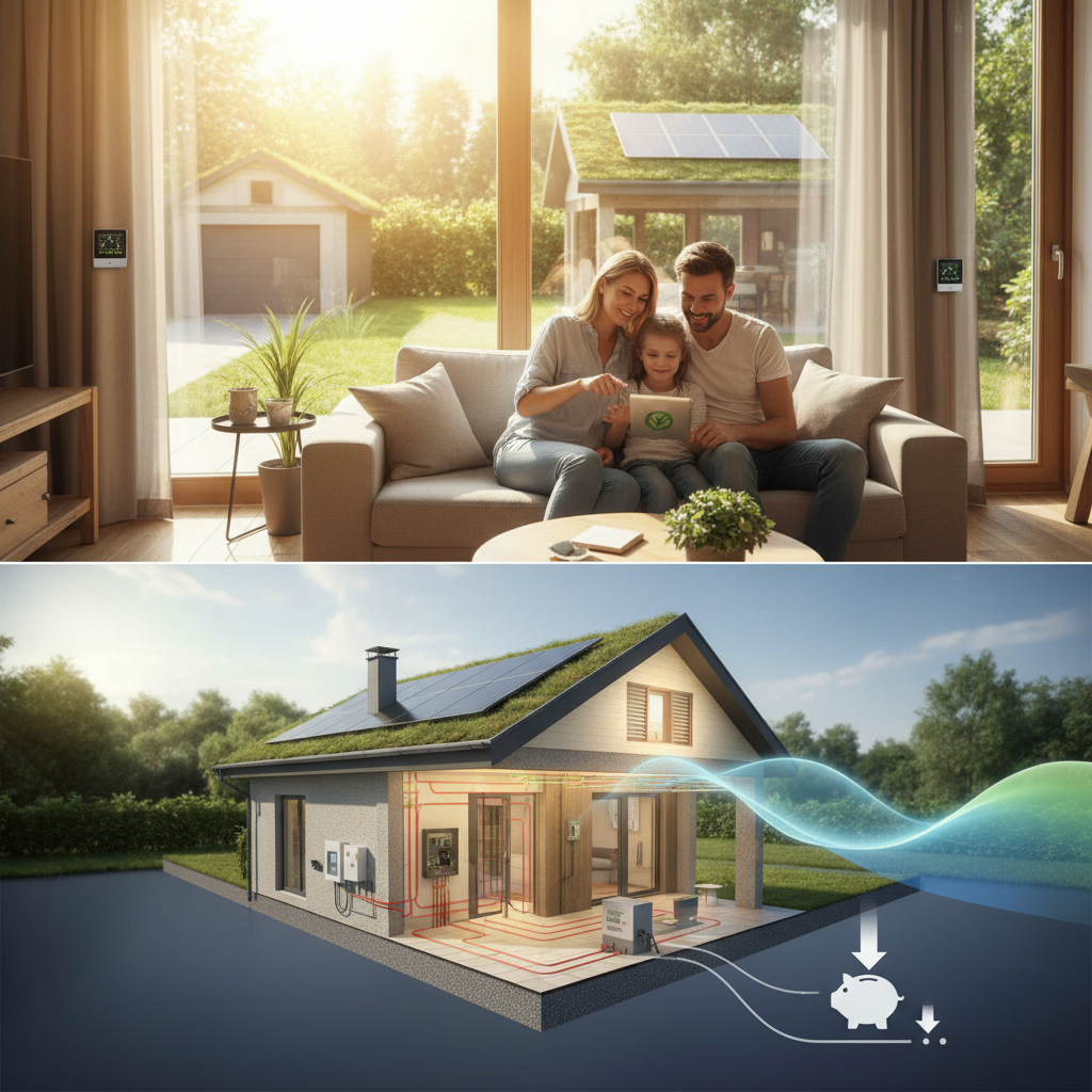 Eine Familie sitzt glücklich auf einem Sofa im Wohnzimmer, während im unteren Bild ein Hausmodell mit sichtbaren Energie- und Heizungsleitungen sowie einer Einsparungsanzeige dargestellt wird.