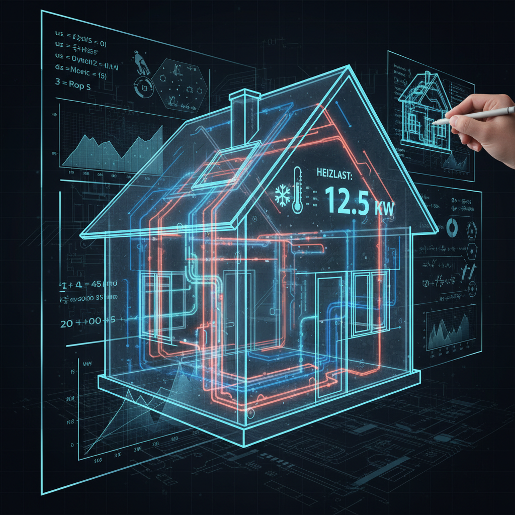 Eine blau leuchtende 3D-Hausgrafik mit rot und blau markierten Leitungen zeigt technische Daten wie die Heizlast auf dunklem Hintergrund.