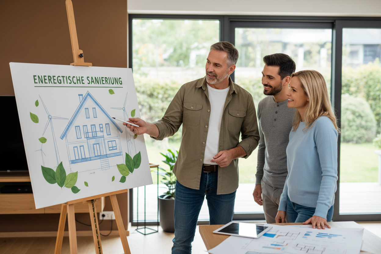 Ein Berater präsentiert einem Paar an einer Staffelei Pläne für die energetische Sanierung eines Hauses.